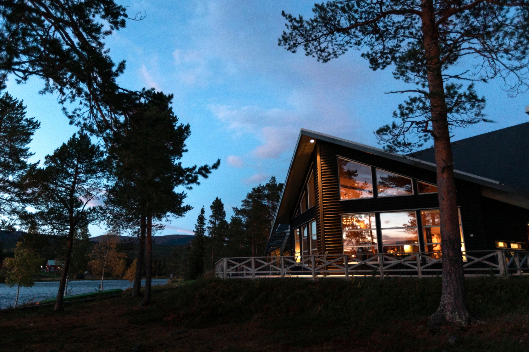 Lakeside lodge at blue hour